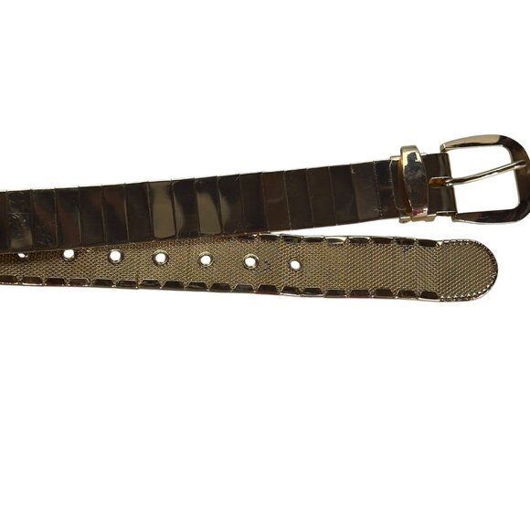 Women's Gold Metallic Adjustable Belt Modern Rectangular Design Polished Buckle - Picture 6 of 12